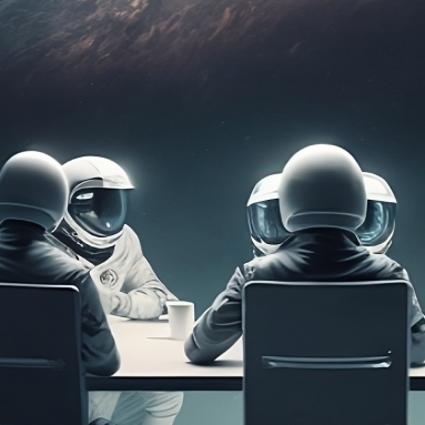 Grupo de astronautas sentados na mesa no espaço