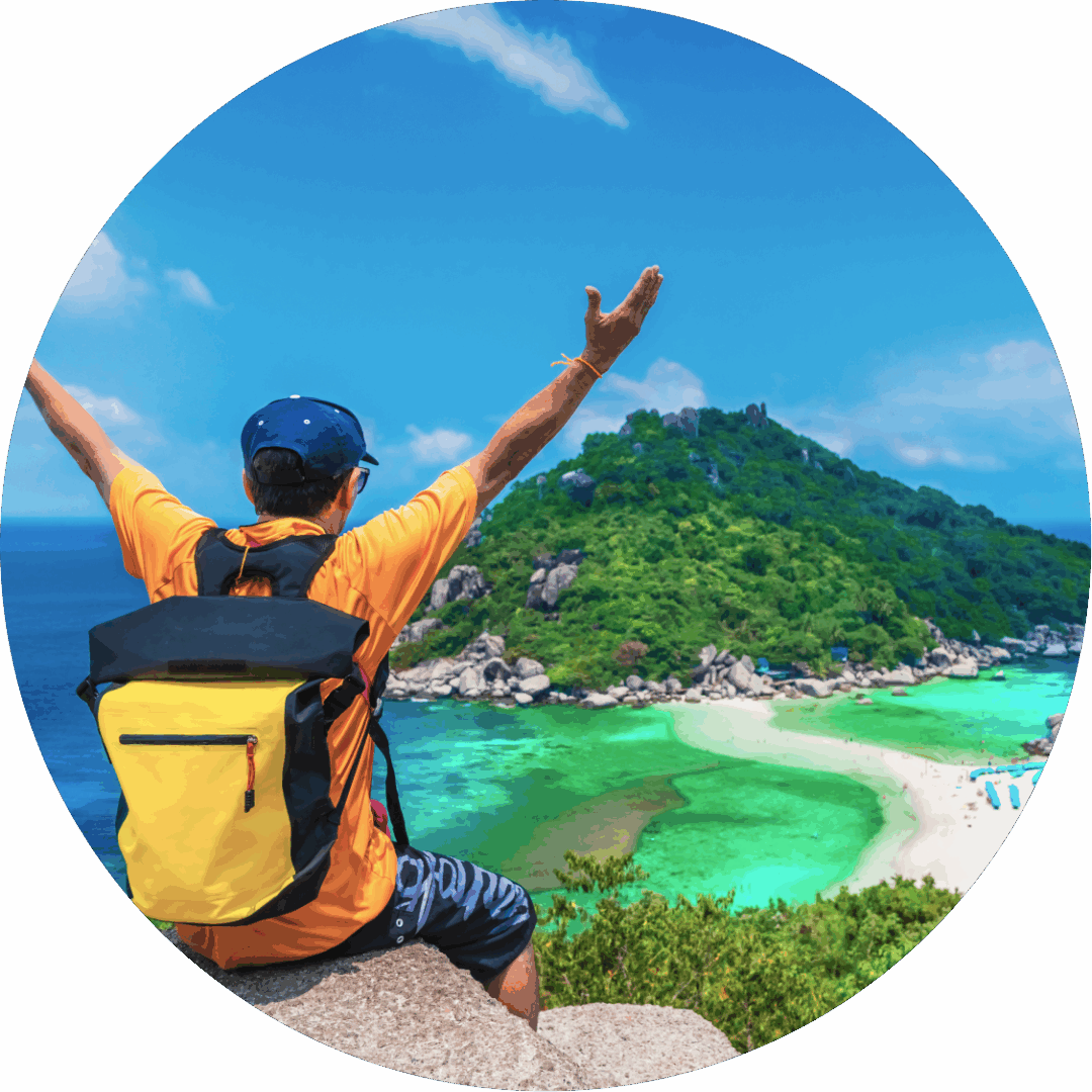 Paisagem de ilha com homem olhando com braços levantando